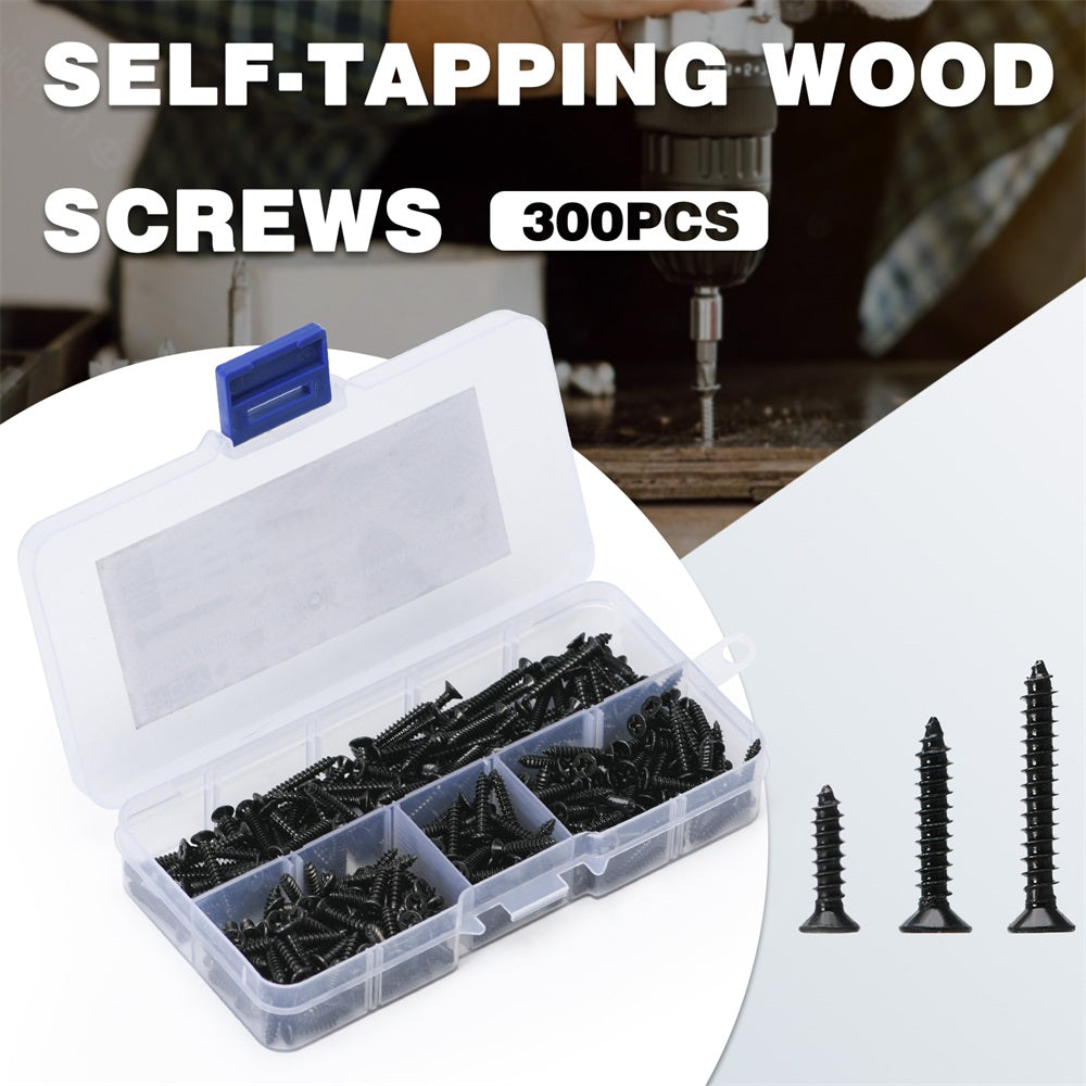 1000+Piece Black Carbon Steel Self-Tapping Wood Screw Assortment Kit