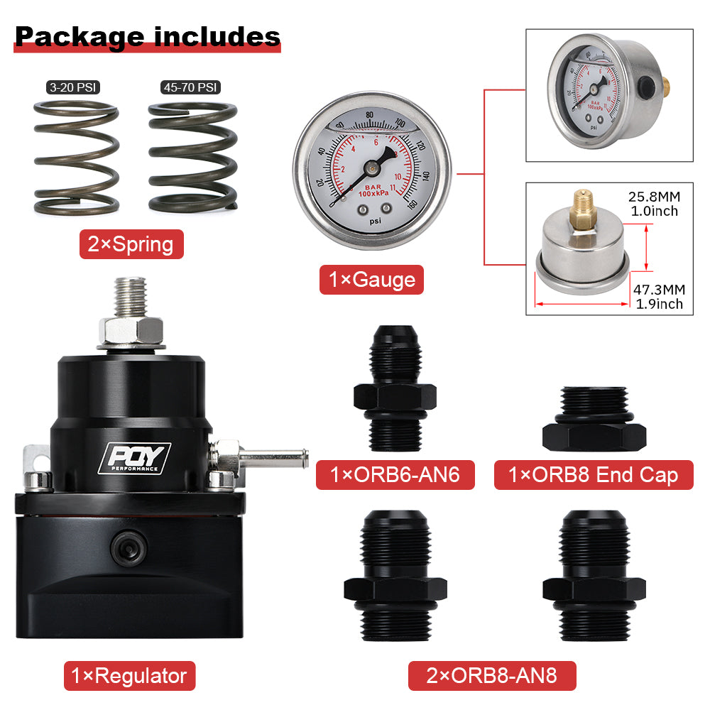 Fuel Pressure Regulator AN8 Feed & AN6 Return Line + 0-160PSI Gauge Set +3-20 20-45 45-70 Pressure Springs