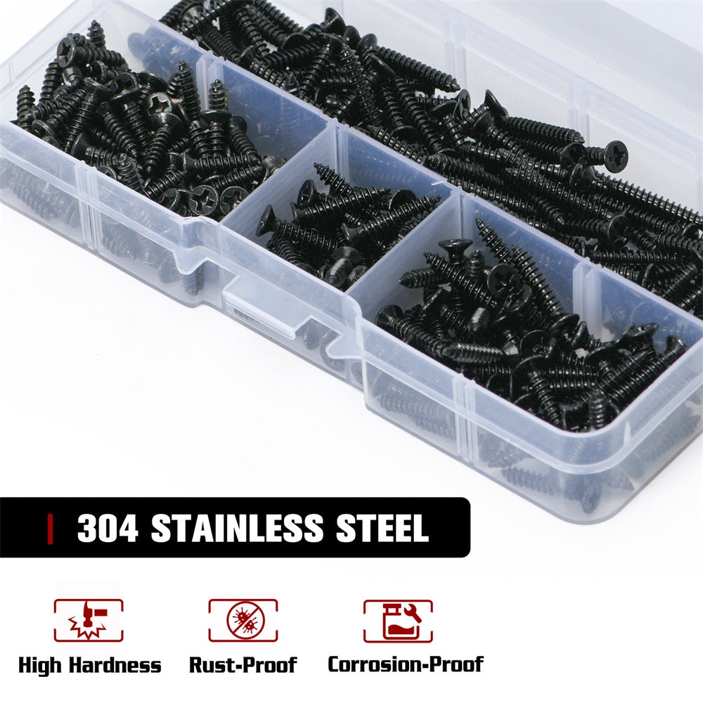 1000+Piece Black Carbon Steel Self-Tapping Wood Screw Assortment Kit
