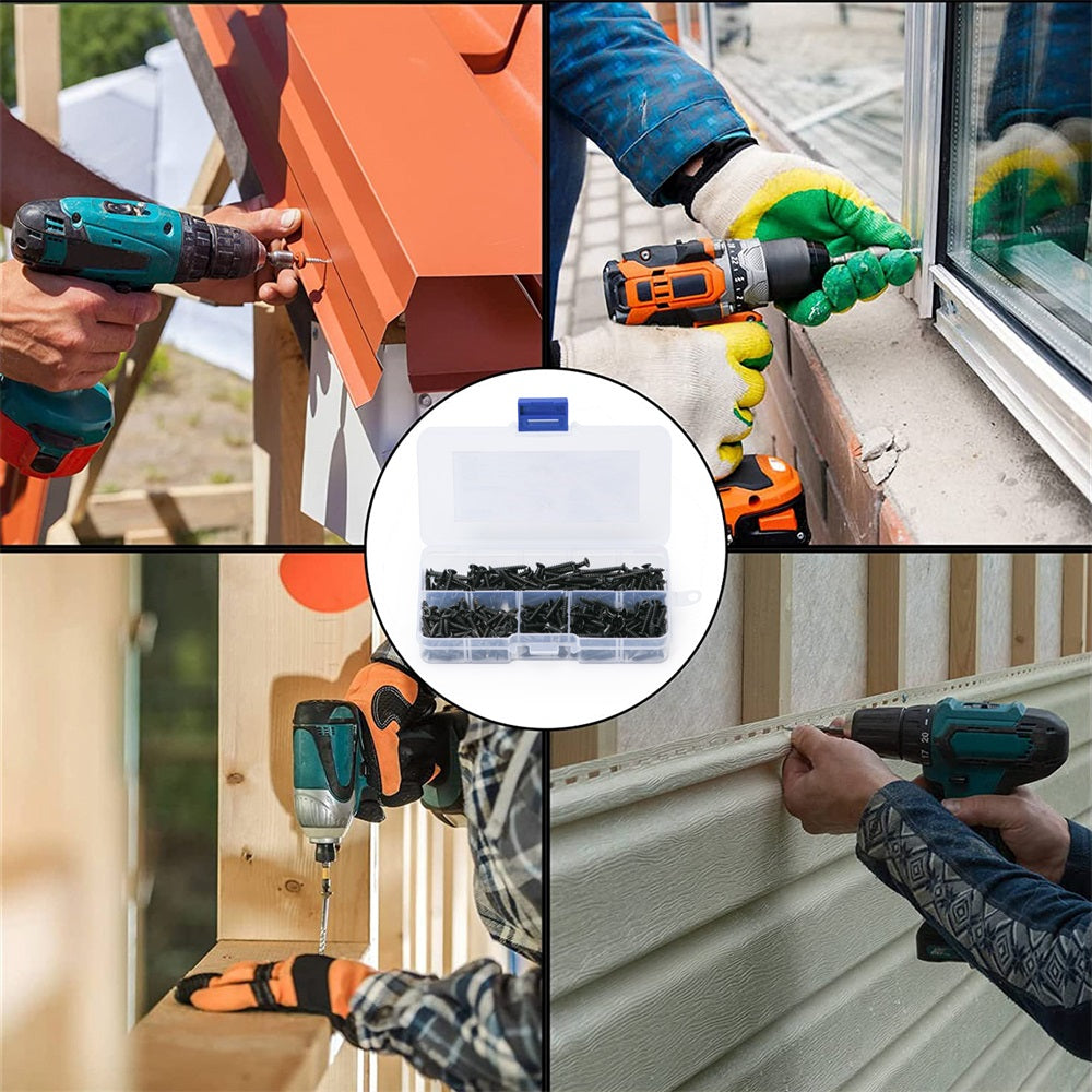 1000+Piece Black Carbon Steel Self-Tapping Wood Screw Assortment Kit