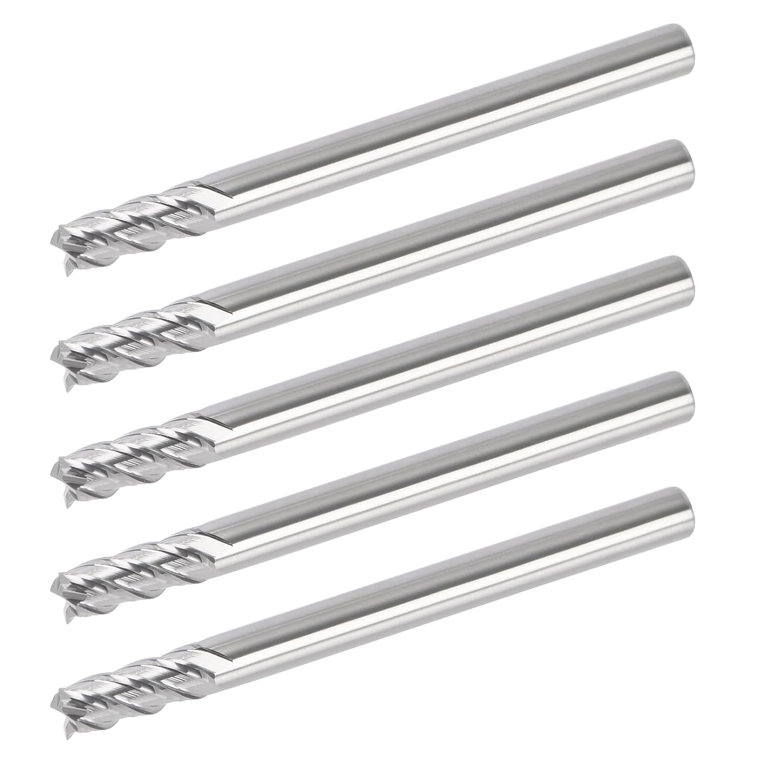 Five 4mm cermet flat end mills on white background