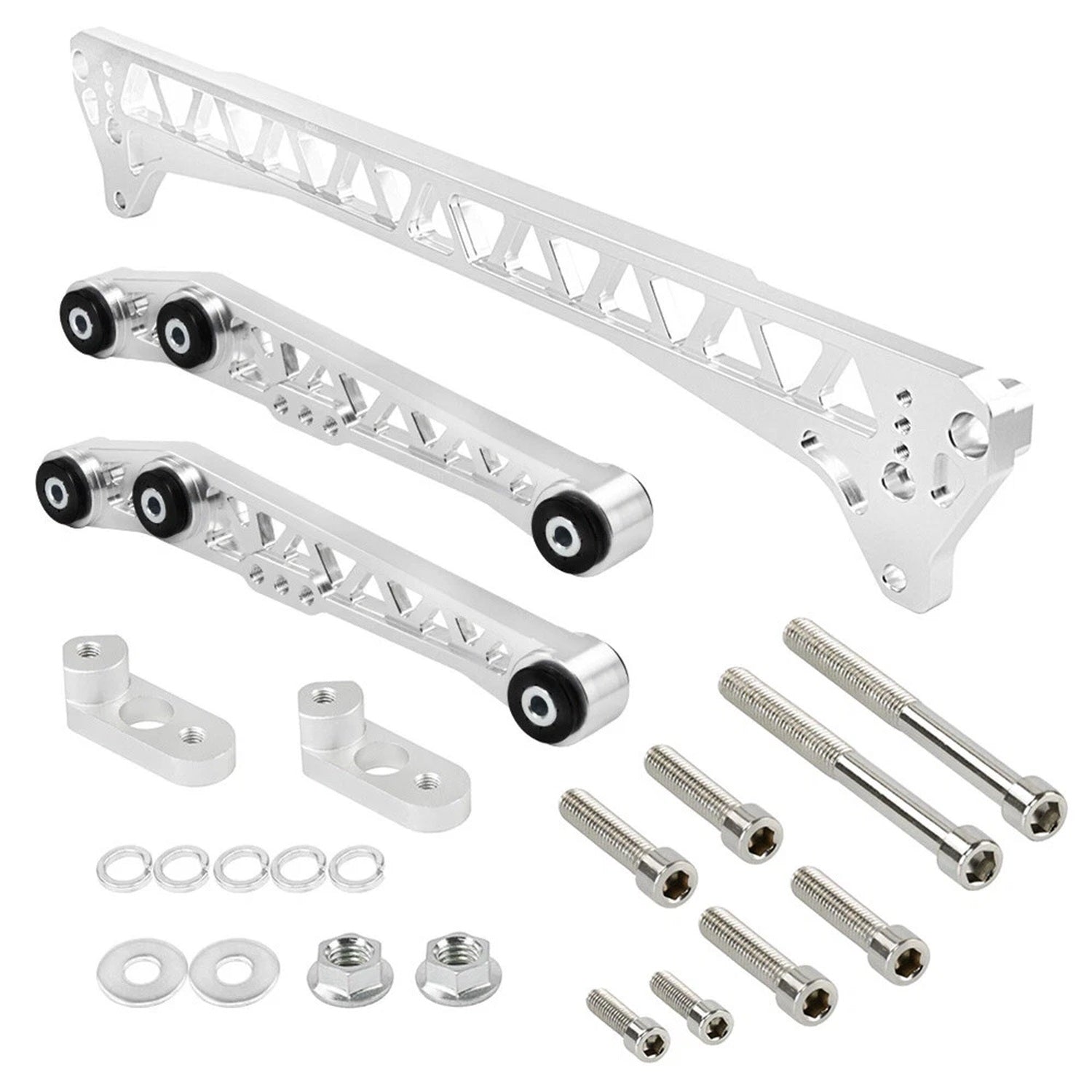 Silver rear lower control arms and subframe brace