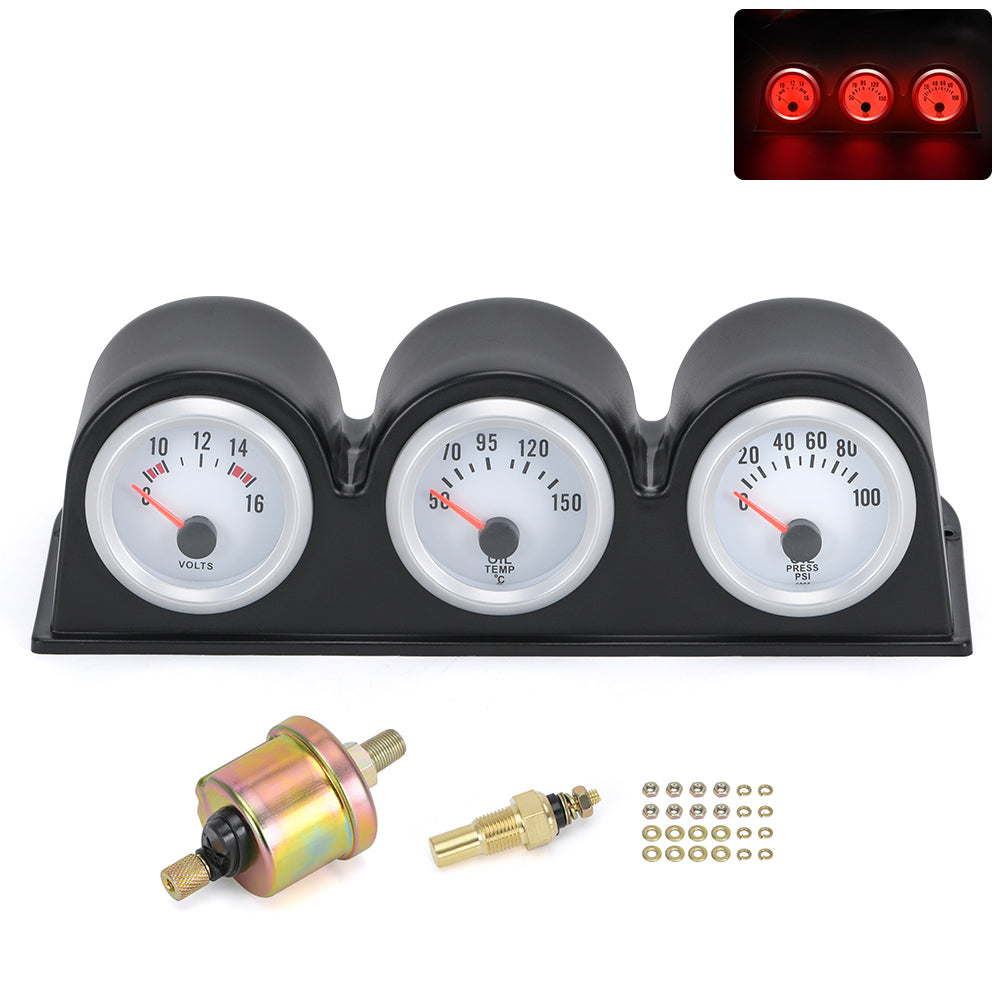 3 in 1 Car Triple Gauge with Blue/ Red Light Kit