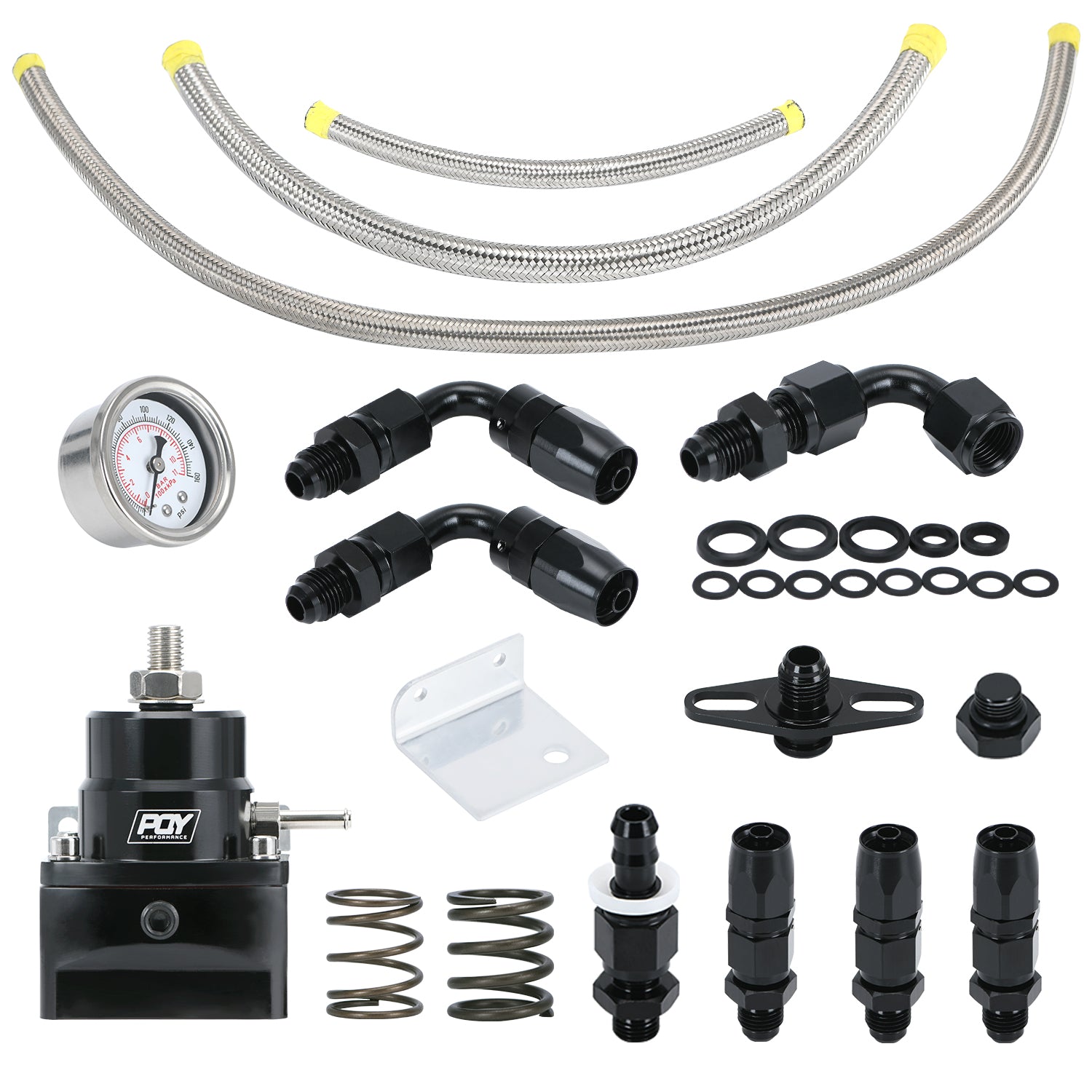 Adjustable EFI Fuel Pressure Regulator Kit with Bypass Return, 0-100 PSI Gauge, 6AN Fittings and PTFE Braided Hose – Compatible with Gasoline, E85, Ethanol & Methanol Fuels