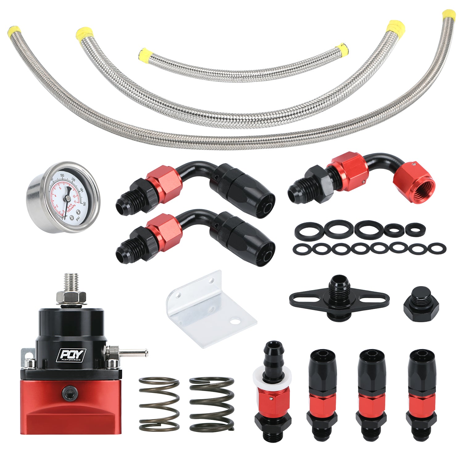 Adjustable EFI Fuel Pressure Regulator Kit with Bypass Return, 0-100 PSI Gauge, 6AN Fittings and PTFE Braided Hose – Compatible with Gasoline, E85, Ethanol & Methanol Fuels