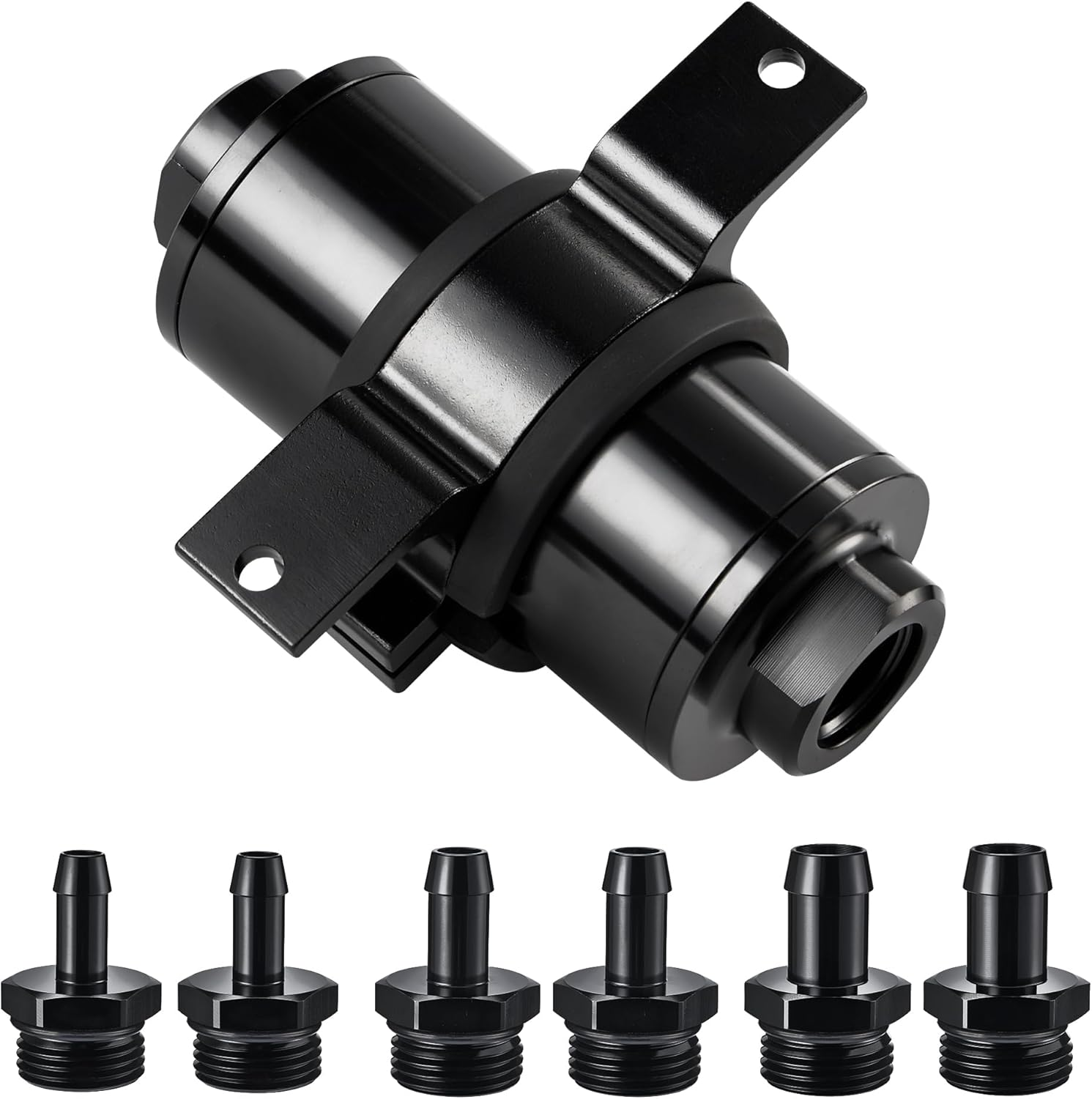 Inline Fuel Filter 100 Micron with Barb 1/2", 3/8", 5/16" Fitting Adapter, Bracket Clamp 50MM Universal Aluminum Black for Gasoline, Diesel, E85, Rubber Fuel Line
