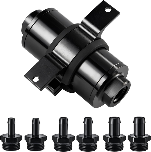Inline Fuel Filter 100 Micron with Barb 1/2", 3/8", 5/16" Fitting Adapter, Bracket Clamp 50MM Universal Aluminum Black for Gasoline, Diesel, E85, Rubber Fuel Line