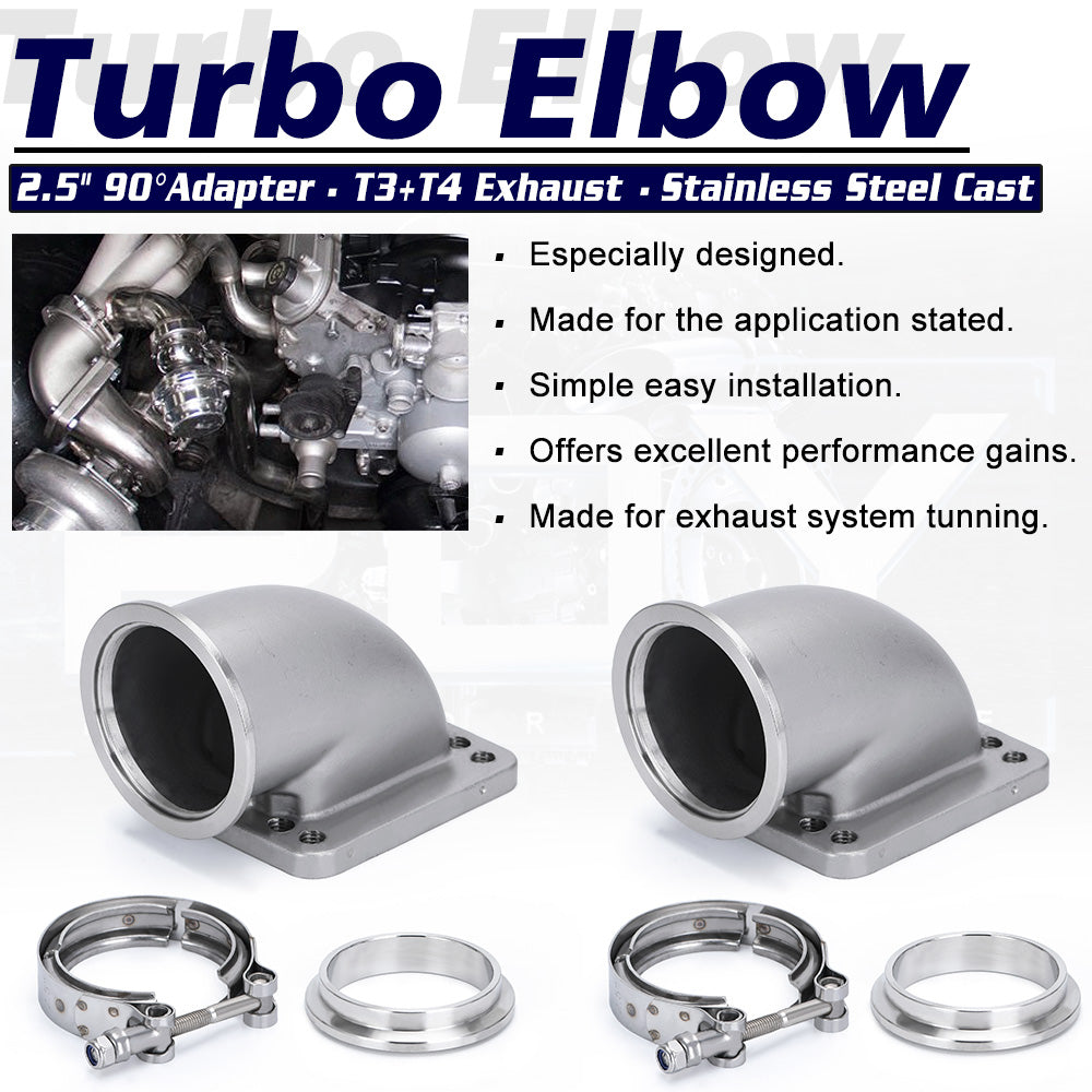 1 Pair 2.5“/ 3.0"/ 3.5" Vband 90 Degree Cast Turbo Elbow Adapter Flange w/ Clamp For T3 T4