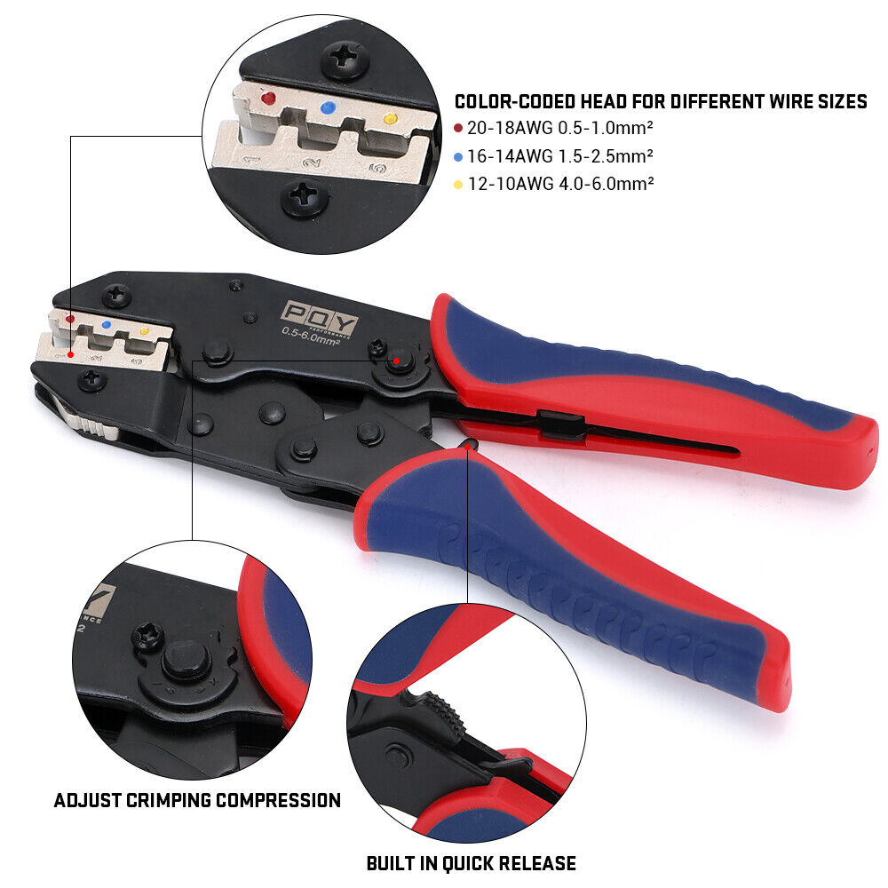 Wire Crimping Tool Ratchet Terminal Crimper For Heat Shrinkable Connector 0.5-6.0mm 20-10AWG