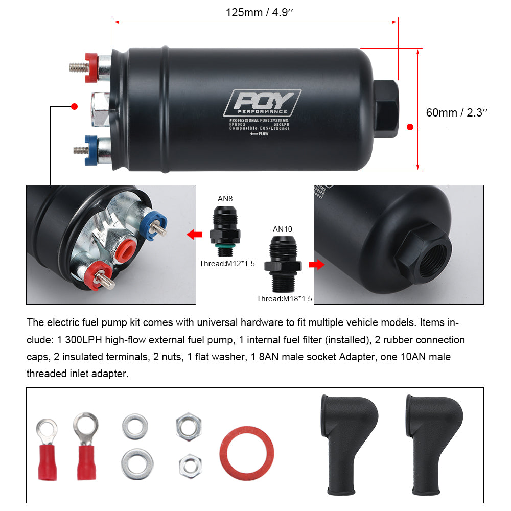 380LPH External Inline Fuel Pump for Racing E85 EFI w/ Check Valve