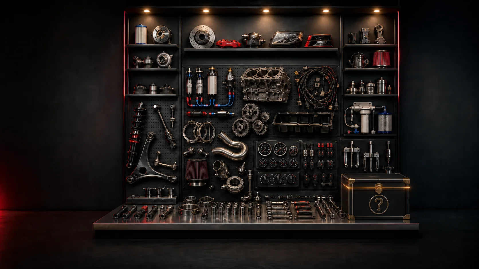 PQY Performance parts wall organized by vehicle system